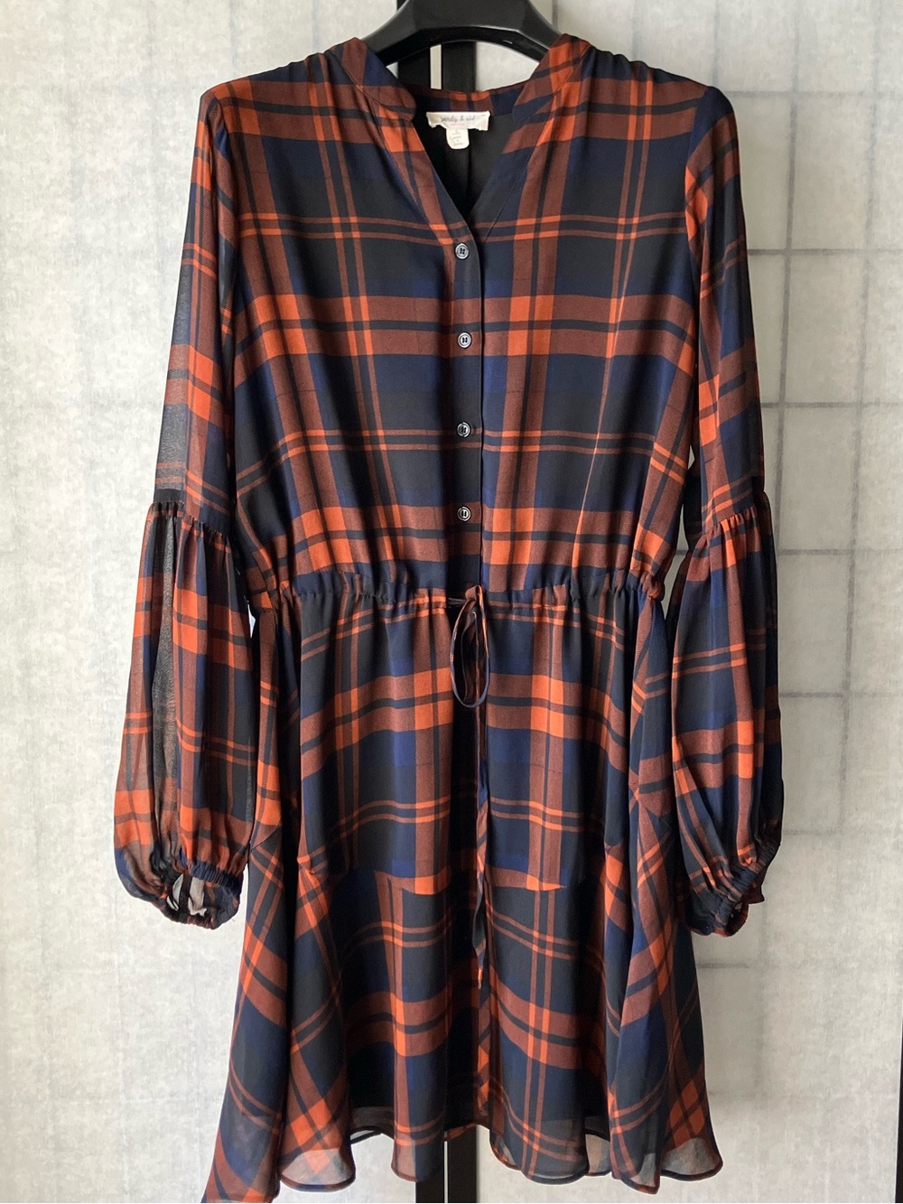 Sandy & Sid Rust Navy Sheer Plaid Waist-Tie Dress Billowy Sleeves Fully Lined